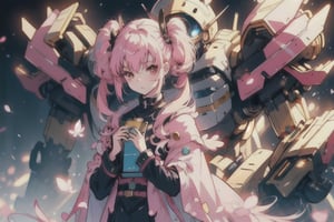 anime girl with pink hair holding a book in her hands, light pink bob hair style with twintail and red eyes, wear a blue cloak and full black uniform underneath,mecha,c.c.,phRem,1 girl