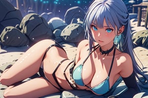 Jinhsi, 1girl, Solo, Long Silver Hair, Twin Tail Hairstyle , White Eyes, Swimsuit, Bikini, Blushing, lie down on the snow, Cow Boy Shot, split leg, Cold wind effect, old city zone, snow season, battle field, ((Best quality)), ((masterpiece)), 3D, HDR (High Dynamic Range),Ray Tracing, NVIDIA RTX, Super-Resolution, Unreal 5,Subsurface scattering, PBR Texturing, Post-processing, Anisotropic Filtering, Depth-of-field, Maximum clarity and sharpness, Multi-layered textures, Albedo and Specular maps, Surface shading, Accurate simulation of light-material interaction, Perfect proportions, Octane Render, Two-tone lighting, Wide aperture, Low ISO, White balance, Rule of thirds,8K RAW, Aura, masterpiece, best quality, Mysterious expression, magical effects like sparkles or energy, flowing robes or enchanting attire, mechanic creatures or mystical background, rim lighting, side lighting, cinematic light, ultra high res, 8k uhd, film grain, best shadow, delicate, RAW, light particles, detailed skin texture, detailed cloth texture, beautiful face, (masterpiece), best quality, expressive eyes, perfect face,