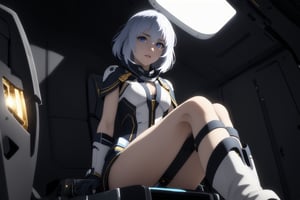 Eru, 1boy, Solo, Short Silver Hair, Rainbow Eyes, white cloth, short pant, white long boots, glove, sit in the cockpit, visible leg, sexy pose, ((Best quality)), ((masterpiece)), 3D, HDR (High Dynamic Range),Ray Tracing, NVIDIA RTX, Super-Resolution, Unreal 5,Subsurface scattering, PBR Texturing, Post-processing, Anisotropic Filtering, Depth-of-field, Maximum clarity and sharpness, Multi-layered textures, Albedo and Specular maps, Surface shading, Accurate simulation of light-material interaction, Perfect proportions, Octane Render, Two-tone lighting, Wide aperture, Low ISO, White balance, Rule of thirds,8K RAW, Aura, masterpiece, best quality, Mysterious expression, magical effects like sparkles or energy, flowing robes or enchanting attire, mechanic creatures or mystical background, rim lighting, side lighting, cinematic light, ultra high res, 8k uhd, film grain, best shadow, delicate, RAW, light particles, detailed skin texture, detailed cloth texture, beautiful face, (masterpiece), best quality, expressive eyes, perfect face,