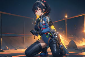 1girl, Policewoman, Zhu Yuan, Red Eyes, Ponytail Black Hair, Red Hair Strip, Hair Accessory , Blue Jacket , White Shirt, Black Rubber suit, Skinsuit, Black Leg , Shoulder Armor ,Blue Shoe, Sexy Pose, Black glove , Good Detail Hand Expresionless Face , on one knee, battle ready stace, behind the cover, lift the gun ,massive sky building in the background , Sunset Time, ((Best quality)), ((masterpiece)), 3D, HDR (High Dynamic Range),Ray Tracing, NVIDIA RTX, Super-Resolution, Unreal 5,Subsurface scattering, PBR Texturing, Post-processing, Anisotropic Filtering, Depth-of-field, Maximum clarity and sharpness, Multi-layered textures, Albedo and Specular maps, Surface shading, Accurate simulation of light-material interaction, Perfect proportions, Octane Render, Two-tone lighting, Wide aperture, Low ISO, White balance, Rule of thirds,8K RAW, Aura, masterpiece, best quality, Mysterious expression, magical effects like sparkles or energy, flowing robes or enchanting attire, mechanic creatures or mystical background, rim lighting, side lighting, cinematic light, ultra high res, 8k uhd, film grain, best shadow, delicate, RAW, light particles, detailed skin texture, detailed cloth texture, beautiful face, (masterpiece), best quality, expressive eyes, perfect face,