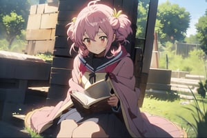 anime girl with pink hair holding a book in her hands, light pink bob hair style with twintail and red eyes, wear a blue cloak and full black uniform underneath,mecha,c.c.,phRem,1 girl,higurashi kagome