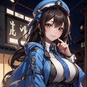 A mature waist long loose drak brown Hair style Girl with heavy machine gun , lovely smile, straw berry loli pop, blue cap, Blue jacket shirt, 5 finger, blue necktie, white shirt, white skirt, white panty, Heavy Gun, Railway, Train Station, ((Best quality)), ((masterpiece)), 3D, HDR (High Dynamic Range),Ray Tracing, NVIDIA RTX, Super-Resolution, Unreal 5,Subsurface scattering, PBR Texturing, Post-processing, Anisotropic Filtering, Depth-of-field, Maximum clarity and sharpness, Multi-layered textures, Albedo and Specular maps, Surface shading, Accurate simulation of light-material interaction, Perfect proportions, Octane Render, Two-tone lighting, Wide aperture, Low ISO, White balance, Rule of thirds,8K RAW, Aura, masterpiece, best quality, Mysterious expression, magical effects like sparkles or energy, flowing robes or enchanting attire, mechanic creatures or mystical background, rim lighting, side lighting, cinematic light, ultra high res, 8k uhd, film grain, best shadow, delicate, RAW, light particles, detailed skin texture, detailed cloth texture, beautiful face, (masterpiece), best quality, expressive eyes, perfect face,Mechanical_tentacles,momo_burlesque,diesel \(nikke\)