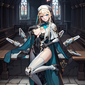 1 girl, Nun hat, long bread blond hair, blue eyes, smile, white ligerie, black armor gloves, white panty, church room, outside, white armor boot, 8k, high res, , 2 hands, bare leg, bare, nun garb, chest, big chest, big breast, ,High detailed ,phRem,phyami,