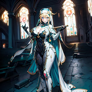 1 girl, Nun hat, long bread blond hair, blue eyes, smile, white ligerie, black armor gloves, white panty, church room, outside, white armor boot, 8k, high res, , 2 hands, bare leg, bare, nun garb, chest, big chest, big breast, ,High detailed ,phRem,phyami,