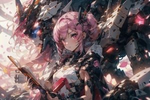 anime girl with pink hair holding a book in her hands, light pink bob hair style with twintail and red eyes, wear a blue cloak and full black uniform underneath,mecha,c.c.,phRem,1 girl,cc_kunosato_mio