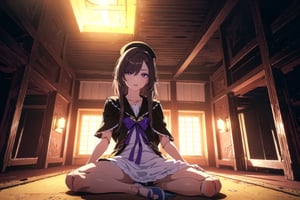 A Short height Girl , 10 Years old , A Child girl appearance, Look at the sky, Angry , Leg Long Light Brown Hair, Purple Eyes, Angry Expression , Leg Long Light Brown Hair, Purple Eyes, Angry Expression, Black Sailor Cap, Doll Joint, Black Cape, White Dress ,Sitting on the ground, Say No Sign, Reject Hand , Stop Hand  ,Sexy Split Leg Pose, Leg Visible, Lab Room, ((Best quality)), ((masterpiece)), 3D, HDR (High Dynamic Range),Ray Tracing, NVIDIA RTX, Super-Resolution, Unreal 5,Subsurface scattering, PBR Texturing, Post-processing, Anisotropic Filtering, Depth-of-field, Maximum clarity and sharpness, Multi-layered textures, Albedo and Specular maps, Surface shading, Accurate simulation of light-material interaction, Perfect proportions, Octane Render, Two-tone lighting, Wide aperture, Low ISO, White balance, Rule of thirds,8K RAW, Aura, masterpiece, best quality, Mysterious expression, magical effects like sparkles or energy, flowing robes or enchanting attire, mechanic creatures or mystical background, rim lighting, side lighting, cinematic light, ultra high res, 8k uhd, film grain, best shadow, delicate, RAW, light particles, detailed skin texture, detailed cloth texture, beautiful face, (masterpiece), best quality, expressive eyes, perfect face,nikkeredhood,hair over one eye,marian,Scarlet (nikke),hellsparadise style,fuyumi,ludmilla,yellow eyes,villetta_nu,black nightgown,bat ornament,halloweentech ,outfit-iris,aaherta,anime