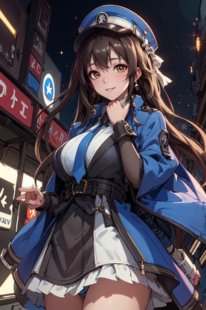 A mature waist long loose drak brown Hair style Girl with heavy machine gun , lovely smile, straw berry loli pop, blue cap, Blue jacket shirt, blue necktie, white shirt, white skirt, white panty, Heavy Gun, Railway, Train Station, ((Best quality)), ((masterpiece)), 3D, HDR (High Dynamic Range),Ray Tracing, NVIDIA RTX, Super-Resolution, Unreal 5,Subsurface scattering, PBR Texturing, Post-processing, Anisotropic Filtering, Depth-of-field, Maximum clarity and sharpness, Multi-layered textures, Albedo and Specular maps, Surface shading, Accurate simulation of light-material interaction, Perfect proportions, Octane Render, Two-tone lighting, Wide aperture, Low ISO, White balance, Rule of thirds,8K RAW, Aura, masterpiece, best quality, Mysterious expression, magical effects like sparkles or energy, flowing robes or enchanting attire, mechanic creatures or mystical background, rim lighting, side lighting, cinematic light, ultra high res, 8k uhd, film grain, best shadow, delicate, RAW, light particles, detailed skin texture, detailed cloth texture, beautiful face, (masterpiece), best quality, expressive eyes, perfect face,Mechanical_tentacles,momo_burlesque,diesel \(nikke\)