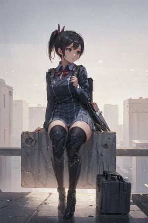 1girl, School Girl, Red Eyes, Short Ponytail black Hair, Red Ribbon, Student Uniform Outfit, Uniform Short Skirt, Kneesock , Black Stocking, Armor Thick Boot , School Bag, Left Leg Bag, Funnel, Remote Weapon, Sit on the water tank on the roof top of building, look beyond the sky , massive sky building in the background , Sunset Time, ((Best quality)), ((masterpiece)), 3D, HDR (High Dynamic Range),Ray Tracing, NVIDIA RTX, Super-Resolution, Unreal 5,Subsurface scattering, PBR Texturing, Post-processing, Anisotropic Filtering, Depth-of-field, Maximum clarity and sharpness, Multi-layered textures, Albedo and Specular maps, Surface shading, Accurate simulation of light-material interaction, Perfect proportions, Octane Render, Two-tone lighting, Wide aperture, Low ISO, White balance, Rule of thirds,8K RAW, Aura, masterpiece, best quality, Mysterious expression, magical effects like sparkles or energy, flowing robes or enchanting attire, mechanic creatures or mystical background, rim lighting, side lighting, cinematic light, ultra high res, 8k uhd, film grain, best shadow, delicate, RAW, light particles, detailed skin texture, detailed cloth texture, beautiful face, (masterpiece), best quality, expressive eyes, perfect face,