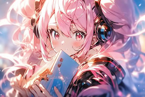 anime girl with pink hair holding a book in her hands, light pink bob hair style with twintail and red eyes, wear a blue cloak and full black uniform underneath,mecha,c.c.,phRem,1 girl