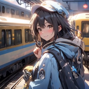 A mature waist long loose drak brown Hair style Girl with heavy machine gun , lovely smile, straw berry loli pop, blue cap, Blue jacket shirt, 5 finger, blue necktie, white shirt, white skirt, white panty, Heavy Gun, Railway, Train Station, ((Best quality)), ((masterpiece)), 3D, HDR (High Dynamic Range),Ray Tracing, NVIDIA RTX, Super-Resolution, Unreal 5,Subsurface scattering, PBR Texturing, Post-processing, Anisotropic Filtering, Depth-of-field, Maximum clarity and sharpness, Multi-layered textures, Albedo and Specular maps, Surface shading, Accurate simulation of light-material interaction, Perfect proportions, Octane Render, Two-tone lighting, Wide aperture, Low ISO, White balance, Rule of thirds,8K RAW, Aura, masterpiece, best quality, Mysterious expression, magical effects like sparkles or energy, flowing robes or enchanting attire, mechanic creatures or mystical background, rim lighting, side lighting, cinematic light, ultra high res, 8k uhd, film grain, best shadow, delicate, RAW, light particles, detailed skin texture, detailed cloth texture, beautiful face, (masterpiece), best quality, expressive eyes, perfect face,Mechanical_tentacles,momo_burlesque,diesel \(nikke\)