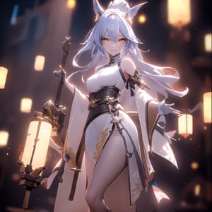 an alone mature girl, long red slice gray hair style, yellow eye, standing, china city, night time, high detail mature face, headgear,bare shoulder, white  china shirt, red china skirt, white glove, black boot, black stocking, high res, ultra sharp, 8k, masterpiece, smiling, weapon, fantasy world, magical radiance background ((Best quality)), ((masterpiece)), 3D, HDR (High Dynamic Range),Ray Tracing, NVIDIA RTX, Super-Resolution, Unreal 5,Subsurface scattering, PBR Texturing, Post-processing, Anisotropic Filtering, Depth-of-field, Maximum clarity and sharpness, Multi-layered textures, Albedo and Specular maps, Surface shading, Accurate simulation of light-material interaction, Perfect proportions, Octane Render, Two-tone lighting, Wide aperture, Low ISO, White balance, Rule of thirds,8K RAW, Aura, masterpiece, best quality, Mysterious expression, magical effects like sparkles or energy, flowing robes or enchanting attire, mechanic creatures or mystical background, rim lighting, side lighting, cinematic light, ultra high res, 8k uhd, film grain, best shadow, delicate, RAW, light particles, detailed skin texture, detailed cloth texture, beautiful face, (masterpiece), best quality, expressive eyes, perfect face,1 girl