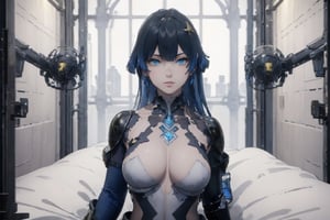 1girl, Katya,highres, Light BLue eyes, long Dark blue hair, Allure Smile, Sexy Pose, Sit on bed the ground, Collap Pose, Sci-fi room, High Class Hotel, ((Best quality)), ((masterpiece)), 3D, HDR (High Dynamic Range),Ray Tracing, NVIDIA RTX, Super-Resolution, Unreal 5,Subsurface scattering, PBR Texturing, Post-processing, Anisotropic Filtering, Depth-of-field, Maximum clarity and sharpness, Multi-layered textures, Albedo and Specular maps, Surface shading, Accurate simulation of light-material interaction, Perfect proportions, Octane Render, Two-tone lighting, Wide aperture, Low ISO, White balance, Rule of thirds,8K RAW, Aura, masterpiece, best quality, Mysterious expression, magical effects like sparkles or energy, flowing robes or enchanting attire, mechanic creatures or mystical background, rim lighting, side lighting, cinematic light, ultra high res, 8k uhd, film grain, best shadow, delicate, RAW, light particles, detailed skin texture, detailed cloth texture, beautiful face, (masterpiece), best quality, expressive eyes, perfect face,sparkle \(honkai: star rail\), sparkle,momo_burlesque,BLUE HAIR, 1girl 