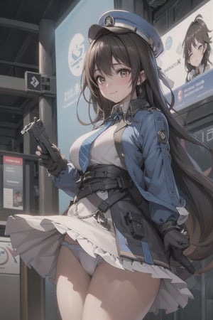 A mature waist long loose drak brown Hair style Girl with heavy machine gun , lovely smile, straw berry loli pop, blue cap, Blue jacket shirt, blue necktie, white shirt, white skirt, white panty, Heavy Gun, Railway, Train Station, ((Best quality)), ((masterpiece)), 3D, HDR (High Dynamic Range),Ray Tracing, NVIDIA RTX, Super-Resolution, Unreal 5,Subsurface scattering, PBR Texturing, Post-processing, Anisotropic Filtering, Depth-of-field, Maximum clarity and sharpness, Multi-layered textures, Albedo and Specular maps, Surface shading, Accurate simulation of light-material interaction, Perfect proportions, Octane Render, Two-tone lighting, Wide aperture, Low ISO, White balance, Rule of thirds,8K RAW, Aura, masterpiece, best quality, Mysterious expression, magical effects like sparkles or energy, flowing robes or enchanting attire, mechanic creatures or mystical background, rim lighting, side lighting, cinematic light, ultra high res, 8k uhd, film grain, best shadow, delicate, RAW, light particles, detailed skin texture, detailed cloth texture, beautiful face, (masterpiece), best quality, expressive eyes, perfect face,Mechanical_tentacles,momo_burlesque,diesel \(nikke\)