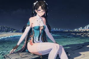 1girl, Zhenzhi, Black Hair, Long Twintail hairstyle, Twin White Ribbon on Hair ,Glasses, Pink Eyes, Chinese Dress, Bare shoulder, white Arm lenght skintight gloves ,Fullbody white leg stocking, black shoe , lie down on the beach sand, Cowboy shot, seaside beach, tourist sign around , Blue Sky , Sunset Time, ((Best quality)), ((masterpiece)), 3D, HDR (High Dynamic Range),Ray Tracing, NVIDIA RTX, Super-Resolution, Unreal 5,Subsurface scattering, PBR Texturing, Post-processing, Anisotropic Filtering, Depth-of-field, Maximum clarity and sharpness, Multi-layered textures, Albedo and Specular maps, Surface shading, Accurate simulation of light-material interaction, Perfect proportions, Octane Render, Two-tone lighting, Wide aperture, Low ISO, White balance, Rule of thirds,8K RAW, Aura, masterpiece, best quality, Mysterious expression, magical effects like sparkles or energy, flowing robes or enchanting attire, mechanic creatures or mystical background, rim lighting, side lighting, cinematic light, ultra high res, 8k uhd, film grain, best shadow, delicate, RAW, light particles, detailed skin texture, detailed cloth texture, beautiful face, (masterpiece), best quality, expressive eyes, perfect face,