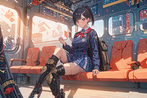 1girl, School Girl, Red Eyes, Short Ponytail black Hair, Red Ribbon, Student Uniform Outfit, Uniform Short Skirt, Kneesock , Black Stocking, Armor Thick Boot , School Bag, Left Leg Bag, on the train, sitting on the passenger chair among the crowd , many people around, massive sky building in the background , Sunset Time, ((Best quality)), ((masterpiece)), 3D, HDR (High Dynamic Range),Ray Tracing, NVIDIA RTX, Super-Resolution, Unreal 5,Subsurface scattering, PBR Texturing, Post-processing, Anisotropic Filtering, Depth-of-field, Maximum clarity and sharpness, Multi-layered textures, Albedo and Specular maps, Surface shading, Accurate simulation of light-material interaction, Perfect proportions, Octane Render, Two-tone lighting, Wide aperture, Low ISO, White balance, Rule of thirds,8K RAW, Aura, masterpiece, best quality, Mysterious expression, magical effects like sparkles or energy, flowing robes or enchanting attire, mechanic creatures or mystical background, rim lighting, side lighting, cinematic light, ultra high res, 8k uhd, film grain, best shadow, delicate, RAW, light particles, detailed skin texture, detailed cloth texture, beautiful face, (masterpiece), best quality, expressive eyes, perfect face,