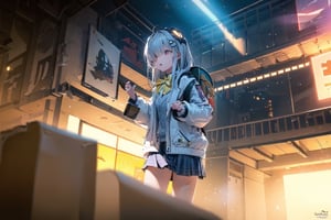 A Girl ,  Silver Hair, Pink Eyes, nikkeadmi , pleated skirt, plaid, hair ornament, sweater vest, white jacket, yellow bowtie, backpack, white socks, Dining Hall , School , City , ((Best quality)), ((masterpiece)), 3D, HDR (High Dynamic Range),Ray Tracing, NVIDIA RTX, Super-Resolution, Unreal 5,Subsurface scattering, PBR Texturing, Post-processing, Anisotropic Filtering, Depth-of-field, Maximum clarity and sharpness, Multi-layered textures, Albedo and Specular maps, Surface shading, Accurate simulation of light-material interaction, Perfect proportions, Octane Render, Two-tone lighting, Wide aperture, Low ISO, White balance, Rule of thirds,8K RAW, Aura, masterpiece, best quality, Mysterious expression, magical effects like sparkles or energy, flowing robes or enchanting attire, mechanic creatures or mystical background, rim lighting, side lighting, cinematic light, ultra high res, 8k uhd, film grain, best shadow, delicate, RAW, light particles, detailed skin texture, detailed cloth texture, beautiful face, (masterpiece), best quality, expressive eyes, perfect face,nikkeredhood,hair over one eye,marian,Scarlet (nikke),hellsparadise style,fuyumi,exiadef,tove,NIKKE GODDESS OF VICTORY, headgear,SnowWonder,momo_burlesque,juliadef,nikkeadmi