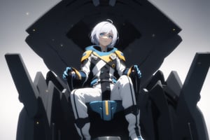 Eru, 1boy, Solo, Short Silver Hair, Rainbow Eyes, white cloth, short pant, white long boots, glove, sit in the cockpit, visible leg, sexy pose, ((Best quality)), ((masterpiece)), 3D, HDR (High Dynamic Range),Ray Tracing, NVIDIA RTX, Super-Resolution, Unreal 5,Subsurface scattering, PBR Texturing, Post-processing, Anisotropic Filtering, Depth-of-field, Maximum clarity and sharpness, Multi-layered textures, Albedo and Specular maps, Surface shading, Accurate simulation of light-material interaction, Perfect proportions, Octane Render, Two-tone lighting, Wide aperture, Low ISO, White balance, Rule of thirds,8K RAW, Aura, masterpiece, best quality, Mysterious expression, magical effects like sparkles or energy, flowing robes or enchanting attire, mechanic creatures or mystical background, rim lighting, side lighting, cinematic light, ultra high res, 8k uhd, film grain, best shadow, delicate, RAW, light particles, detailed skin texture, detailed cloth texture, beautiful face, (masterpiece), best quality, expressive eyes, perfect face,