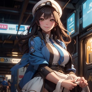 A mature waist long loose drak brown Hair style Girl with heavy machine gun , lovely smile, blue cap, Blue jacket shirt, blue necktie, white shirt, white skirt, white panty, Heavy Gun, Railway, Train Station, ((Best quality)), ((masterpiece)), 3D, HDR (High Dynamic Range),Ray Tracing, NVIDIA RTX, Super-Resolution, Unreal 5,Subsurface scattering, PBR Texturing, Post-processing, Anisotropic Filtering, Depth-of-field, Maximum clarity and sharpness, Multi-layered textures, Albedo and Specular maps, Surface shading, Accurate simulation of light-material interaction, Perfect proportions, Octane Render, Two-tone lighting, Wide aperture, Low ISO, White balance, Rule of thirds,8K RAW, Aura, masterpiece, best quality, Mysterious expression, magical effects like sparkles or energy, flowing robes or enchanting attire, mechanic creatures or mystical background, rim lighting, side lighting, cinematic light, ultra high res, 8k uhd, film grain, best shadow, delicate, RAW, light particles, detailed skin texture, detailed cloth texture, beautiful face, (masterpiece), best quality, expressive eyes, perfect face,Mechanical_tentacles,momo_burlesque,diesel \(nikke\)