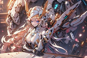 1 girl, Nun hat, long bread blond hair, blue eyes, smile, white ligerie, black armor gloves, white panty, church room, outside, white armor boot, lie down on table, 8k, high res, , 2 hands, bare leg, bare, nun garb, chest, big chest, big breast, floating funnel, mech