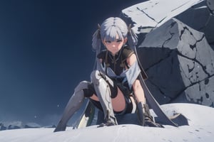 Jinhsi, 1girl, Solo, Long Silver Hair, Twin Tail Hairstyle , White Eyes, Chinese Cloth, Blushing, lie down on the snow, Cow Boy Shot, split leg, Cold wind effect, old city zone, snow season, battle field, ((Best quality)), ((masterpiece)), 3D, HDR (High Dynamic Range),Ray Tracing, NVIDIA RTX, Super-Resolution, Unreal 5,Subsurface scattering, PBR Texturing, Post-processing, Anisotropic Filtering, Depth-of-field, Maximum clarity and sharpness, Multi-layered textures, Albedo and Specular maps, Surface shading, Accurate simulation of light-material interaction, Perfect proportions, Octane Render, Two-tone lighting, Wide aperture, Low ISO, White balance, Rule of thirds,8K RAW, Aura, masterpiece, best quality, Mysterious expression, magical effects like sparkles or energy, flowing robes or enchanting attire, mechanic creatures or mystical background, rim lighting, side lighting, cinematic light, ultra high res, 8k uhd, film grain, best shadow, delicate, RAW, light particles, detailed skin texture, detailed cloth texture, beautiful face, (masterpiece), best quality, expressive eyes, perfect face,