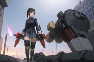 1girl, School Girl, Red Eyes, Short Ponytail black Hair, Red Ribbon, Student Uniform Outfit, Uniform Short Skirt, Kneesock , Black Stocking, Armor Thick Boot , School Bag, Left Leg Bag, Funnel, Remote Weapon, Walking among the crowd, On the Junction Road, Big City, Market, look beyond the sky , massive sky building in the background , Sunset Time, ((Best quality)), ((masterpiece)), 3D, HDR (High Dynamic Range),Ray Tracing, NVIDIA RTX, Super-Resolution, Unreal 5,Subsurface scattering, PBR Texturing, Post-processing, Anisotropic Filtering, Depth-of-field, Maximum clarity and sharpness, Multi-layered textures, Albedo and Specular maps, Surface shading, Accurate simulation of light-material interaction, Perfect proportions, Octane Render, Two-tone lighting, Wide aperture, Low ISO, White balance, Rule of thirds,8K RAW, Aura, masterpiece, best quality, Mysterious expression, magical effects like sparkles or energy, flowing robes or enchanting attire, mechanic creatures or mystical background, rim lighting, side lighting, cinematic light, ultra high res, 8k uhd, film grain, best shadow, delicate, RAW, light particles, detailed skin texture, detailed cloth texture, beautiful face, (masterpiece), best quality, expressive eyes, perfect face,