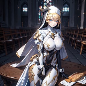 1 girl, Nun hat, long bread blond hair, blue eyes, smile, white ligerie, black armor gloves, white panty, church room, outside, white armor boot, lie down on table, 8k, high res, , 2 hands, bare leg, bare, nun garb, chest, big chest, big breast, 