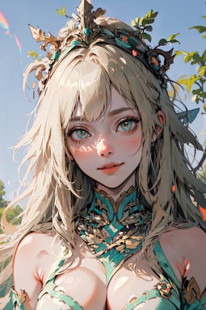 (masterpiece, best quality), 1girl, solo, (the empress:1.15), platinum blonde, Princess, water mage, medium short wavy blonde hair, (sunshine, sky, river, forest), 15 years old,expressionless, Green eyes, (art nouveau:1.2), alphonse mucha, (face focus, upper body), sit, highly intricate details, realistic light, smile,Concept art, character design,pubic hair,sfw_nudity