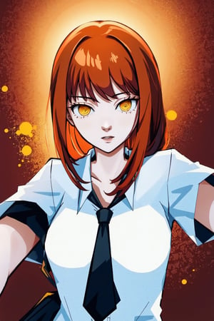 Woman , school_uniforms,makima\(chainsaw man\),red hair,yellow eyes,