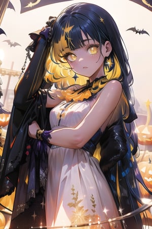 {{{masterpiece}}}, {{{best quality}}}, {{ultra-detailed}}, {illustration}, {{an extremely delicate and beautiful}}, (dark blue hair), (yellow streaks hair:1.3), straight long hair, yellow eyes, young adult, tiny breasts, (halloween:1.2), halloween costume, (Beautiful night), gothic, burnt magic, (godrays), (Beautiful Lighting:1.2), Trending on Artstation, (Raw Photography), (Conceptual Art:1.1), (incredibly beautiful), (landscape:1.2),glitter,shiny,perfecteyes