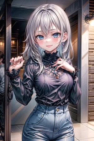 (masterpiece), best quality, high resolution, highly detailed, detailed background, perfect lighting, 1girl, Casual clothes, Blushing, radiant beauty  smiling, blue earrings, E cup, medium breasts,,#WHITE HAIR,perfecteyes,Ahegao, expanding his mouth with his hands,,Excited, playful,