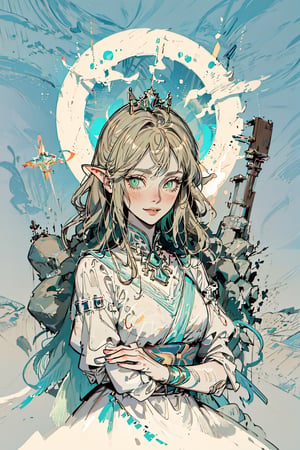 (masterpiece, best quality), 1girl, solo, (the empress:1.15), water mage,short wavy blonde hair, (sunshine, background_sky, forest), 15 years old,expressionless, Green eyes, (art nouveau:1.2), alphonse mucha, (face focus, upper body), sit, highly intricate details, realistic light, smile,Concept art, Warrior_princess,