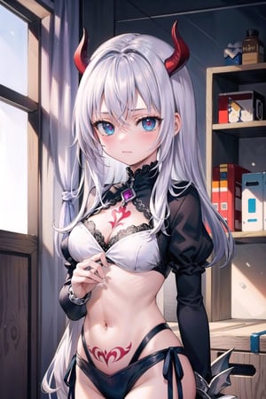 (masterpiece), best quality, high resolution, highly detailed, detailed background, perfect lighting, 1girl, radiant beauty,.  E cup, medium breasts,,#WHITE HAIR,succubus eyes, tattos