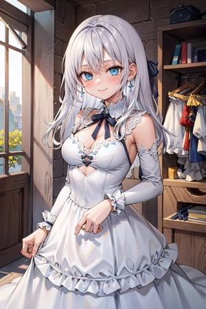 (masterpiece), best quality, high resolution, highly detailed, detailed background, perfect lighting, 1girl,Wedding dress, smiling, blue earrings, C cup, light_blue_eyes, medium breasts,Silver hair ,#WHITE HAIR