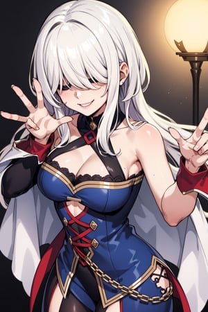 #WHITE HAIR,,Hair over eyes,Mischievous smile, sensual pose, hunting magician