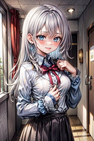 (masterpiece), best quality, high resolution, highly detailed, detailed background, perfect lighting, 1girl, Winter school uniform, sweaty,Blushing, radiant beauty  smiling, blue earrings, D cup, medium breasts,,#WHITE HAIR,perfecteyes,#LONG HAIR