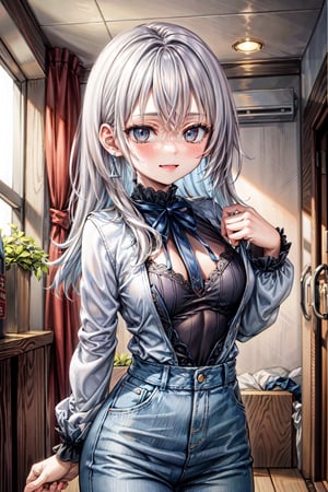 (masterpiece), best quality, high resolution, highly detailed, detailed background, perfect lighting, 1girl, Casual clothes, Blushing, radiant beauty  smiling, blue earrings, D cup, medium breasts,,#WHITE HAIR,perfecteyes,Expanding mouth pov,Excited, playful,