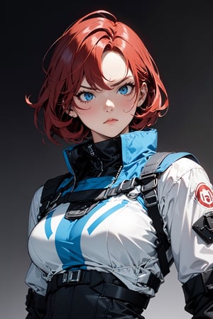 (masterpiece,  best quality), 1girl,  solo_female, Red hair, Medium short hairstyle, 20 years old,blue eyes,p90 , Special Forces,serious face,Sexy Muscular, looking_at_the_viewer, full_body