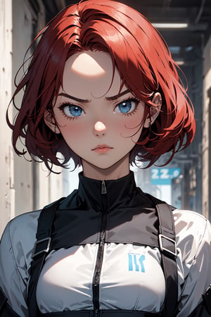 (masterpiece,  best quality), 1girl,  solo_female, Red hair, Medium short hairstyle, 20 years old,blue eyes,p90 , Special Forces,serious face,Sexy Muscular, looking_at_the_viewer