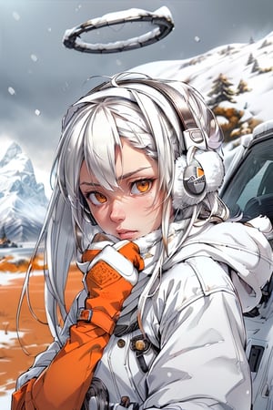 (1girl, cute, sexy, floating long hair, skinny), ultra detailed and intricate clothing, (white down jacket, winter earmuffs, mittens, white jeans, she is standing in the snow, next to the car, a large white scarf), (detailed, perfect, beautiful, masterpiece, high quality, high resolution, extremely detailed, sharpness, intricate, high quality_textures, high resolution_textures, absurdres, sharp details, award_winning, moody lighting, detailed shadows, realistic, photorealistic environment, snowy mountains, snow, bright light, clear day, glare, galo, (orange tones:1.1),