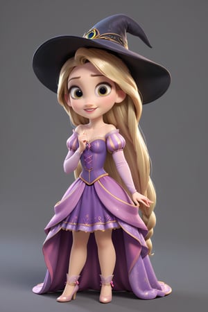 princess rapunzel, kawaii, full body, witch_hat, full_body, big eyes, beautiful, cute,cuteloli, chibi,cartoon, smiling, simple background,rapunzel,disney style,disney pixar style,score_9