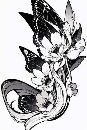 line drawing, no color, simple details  
sticker dark arcadia buterfly watercolor, flowers, White background, clipart, high resolution, 
