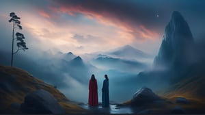 Create a captivating AI artwork that captures the essence of a mysterious world where ancient, towering mountains rumble with hidden power. The landscape is shrouded in an eerie, ethereal gloom, casting a surreal, bluish hue over everything. In this surreal setting, depict an enigmatic young female figure reuniting with her  long-lost relatives, meeting for the first time in centuries. Their reunion is filled with both trepidation and wonder, as they stand amidst the rumbling mountains, surrounded by the enigmatic gloom, their expressions a mix of curiosity and nostalgia. Let this artwork evoke a sense of both awe and melancholy, as if it tells a story of forgotten connections and the timeless power of nature." perfect dynamic composition, (masterpiece, Best Quality, photorealistic, ultra-detailed, finely detailed, high resolution, 8K wallpaper),

,photo r3al