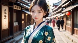 ((full body shot):1.3) with low angle, award-winning photography, hyperrealism, detailed face, symmetric face, bright eyes, glamorous v-shaped face, Chrysanthemum personification, an ethereal breathtakingly beautiful 17-years-old japanese girl in hanfu, exquisite hanfu attire, 1girl walking in a business district, perfect model body, translucent appearance, pronounced facial features, hasselbald 503CW, LinkGirl