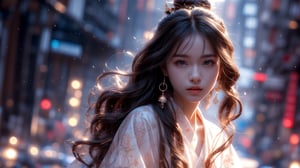 The background is midnight sky,big blue moon,dark night,snow blowing,16 yo, 1 girl,sword,halo,shining bracelet,beautiful hanfu(white, transparent),cape, cloth blowing in wind, solo, {beautiful and detailed eyes}, calm expression, natural and soft light, delicate facial features, cute japanese idol, very small earrings, ((model pose)), Glamor body type, (dark hair:1.2),  beehive,big bun,very_long_hair, hair past hip, curly hair, flim grain, realhands, masterpiece, Best Quality, photorealistic, ultra-detailed, finely detailed, high resolution, perfect dynamic composition, beautiful detailed eyes, eye smile, ((nervous and embarrassed)), sharp-focus, full_body, sexy pose,cowboy_shot,ruanyi0060,Samurai girl