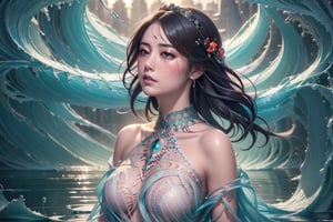 (Masterpiece, Top Quality, Best Quality, Official Art, Beauty and Aesthetics: 1.2), (1 Girl Crying by the Lake), Extremely Detailed, (Abstract, Fractal Art: 1.3), Supreme Detailed, Detailed Eyes, Light particles, red Hanfu, tulle, jewelry, sexy, (NSFW),gonggongshi