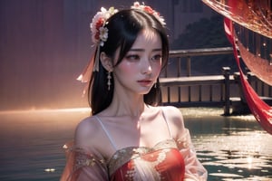 (Masterpiece, Top Quality, Best Quality, Official Art, Beauty and Aesthetics: 1.2), (1 Girl Crying by the Lake), Extremely Detailed, (Abstract, Fractal Art: 1.3), Supreme Detailed, Detailed Eyes, Light particles, red Hanfu, tulle, jewelry, sexy, (NSFW),