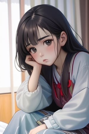 An oriental girl sits on the bed with a sad and sad expression