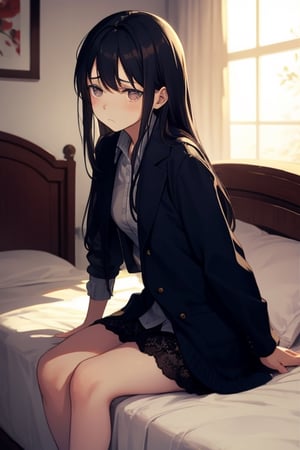 An oriental girl sits on the bed with a sad and sad expression