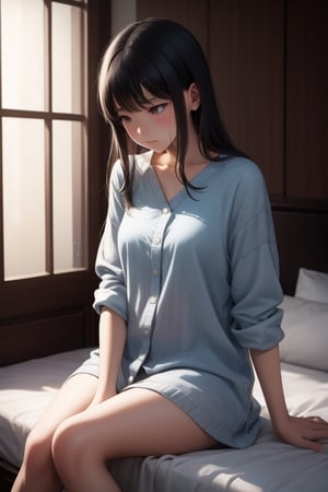 An oriental girl sits on the bed with a sad and sad expression