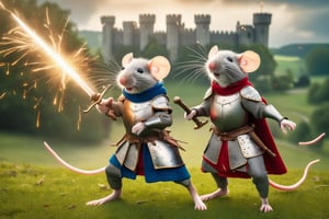 Photo of two knight mice in battle. They are dressed in medieval-style armor, with the first mouse wearing red and gold, holding a spear, The second wearing blue and silver, holding a sword. Their weapons clash, leaving a trail of sparks. The background is a lush, green meadow with a castle in the distance.